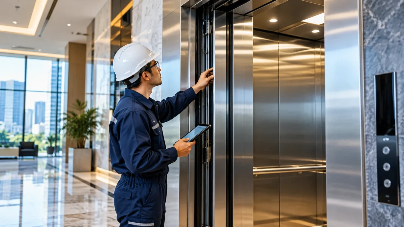 Elevator service engineer inspecting a lift door mechanism with a tablet