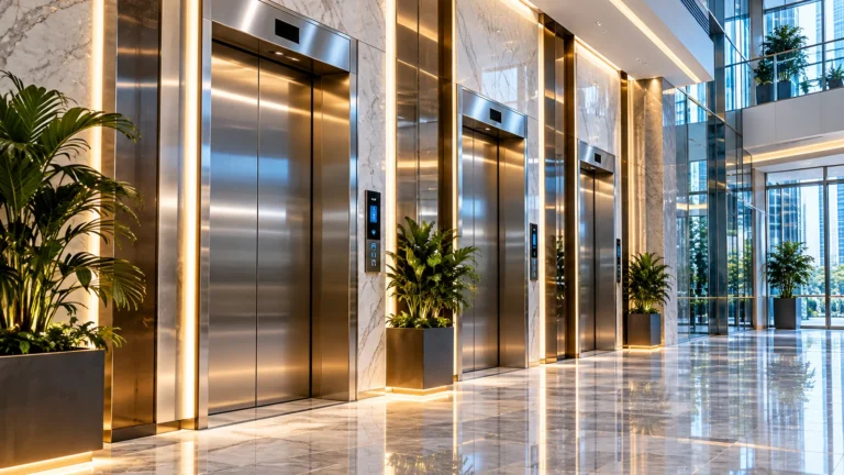 Modernized stainless steel elevators in a marble-clad building lobby