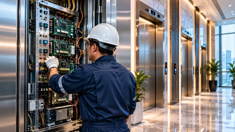 Technician examining elevator electronics in a modern commercial elevator lobby