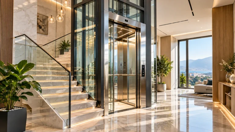 Luxury glass-enclosed residential elevator beside an illuminated staircase