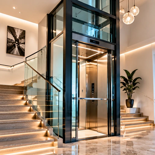 Glass home elevator beside a modern staircase