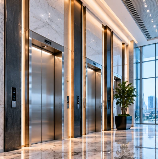 Stainless-steel passenger elevator in a marble lobby