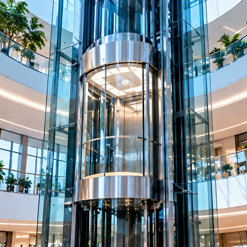 Panoramic glass elevator in a bright atrium