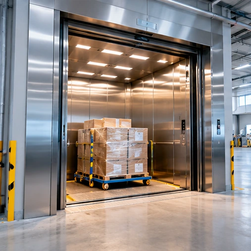 Goods elevator loaded with boxes on a pallet