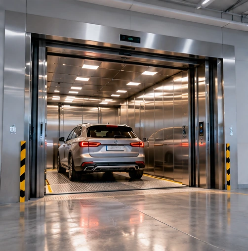 Vehicle elevator with a car inside a steel lift car