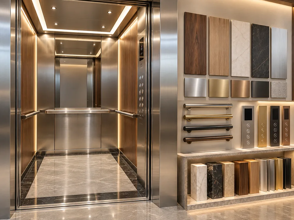 Elevator cabin interior with finish samples and fixture panels