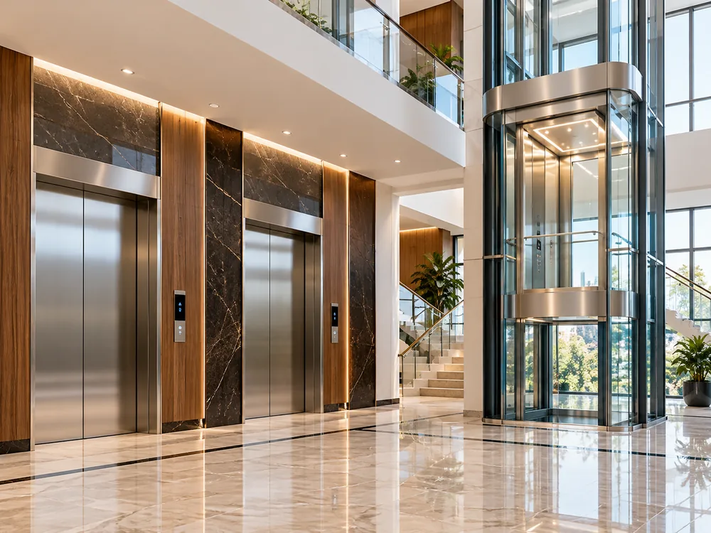 Passenger and panoramic elevators supplied for a modern building lobby