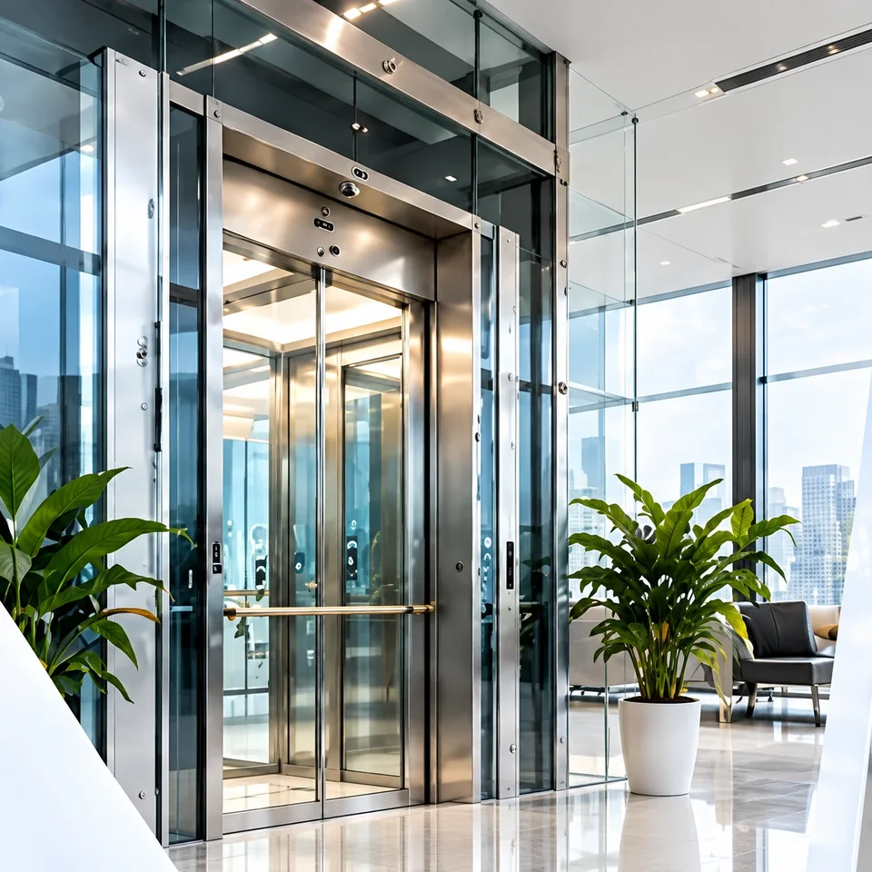 Glass passenger elevator installed in a bright modern office lobby