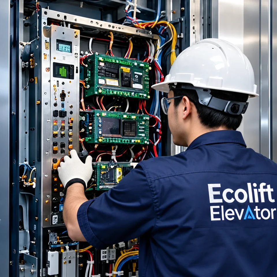 Ecolift technician performing preventive maintenance on an elevator control panel