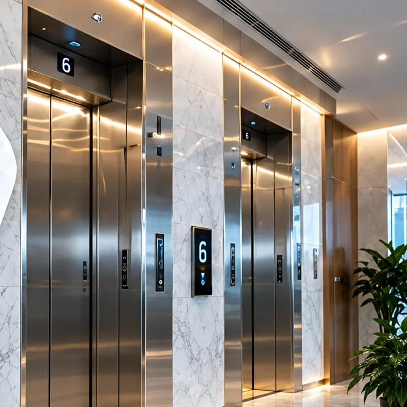 Two stainless steel elevators in a marble lobby, elevator modernization in Lebanon by Ecolift