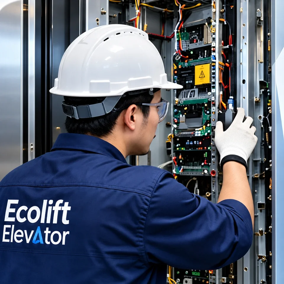 Ecolift technician repairing elevator controller wiring