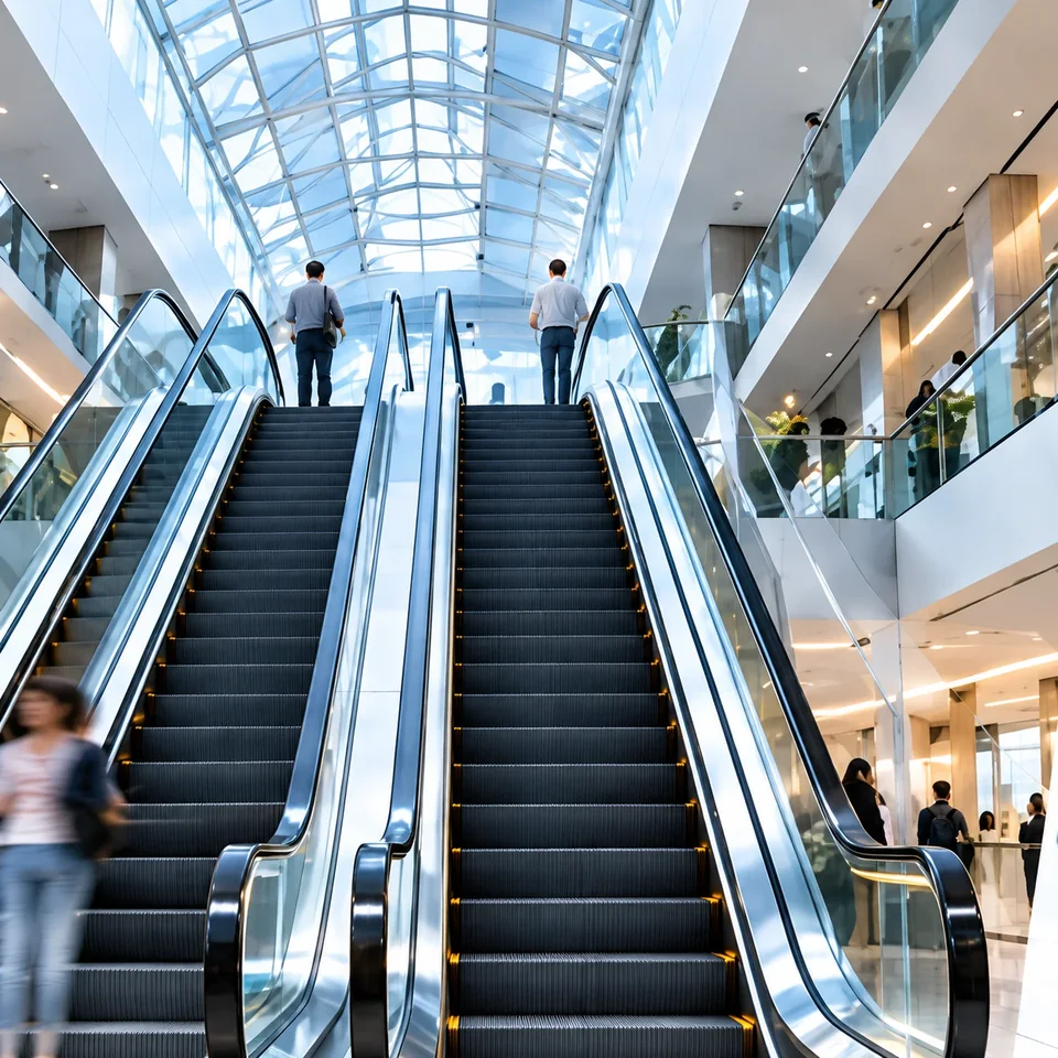 Twin escalators in a bright shopping mall atrium