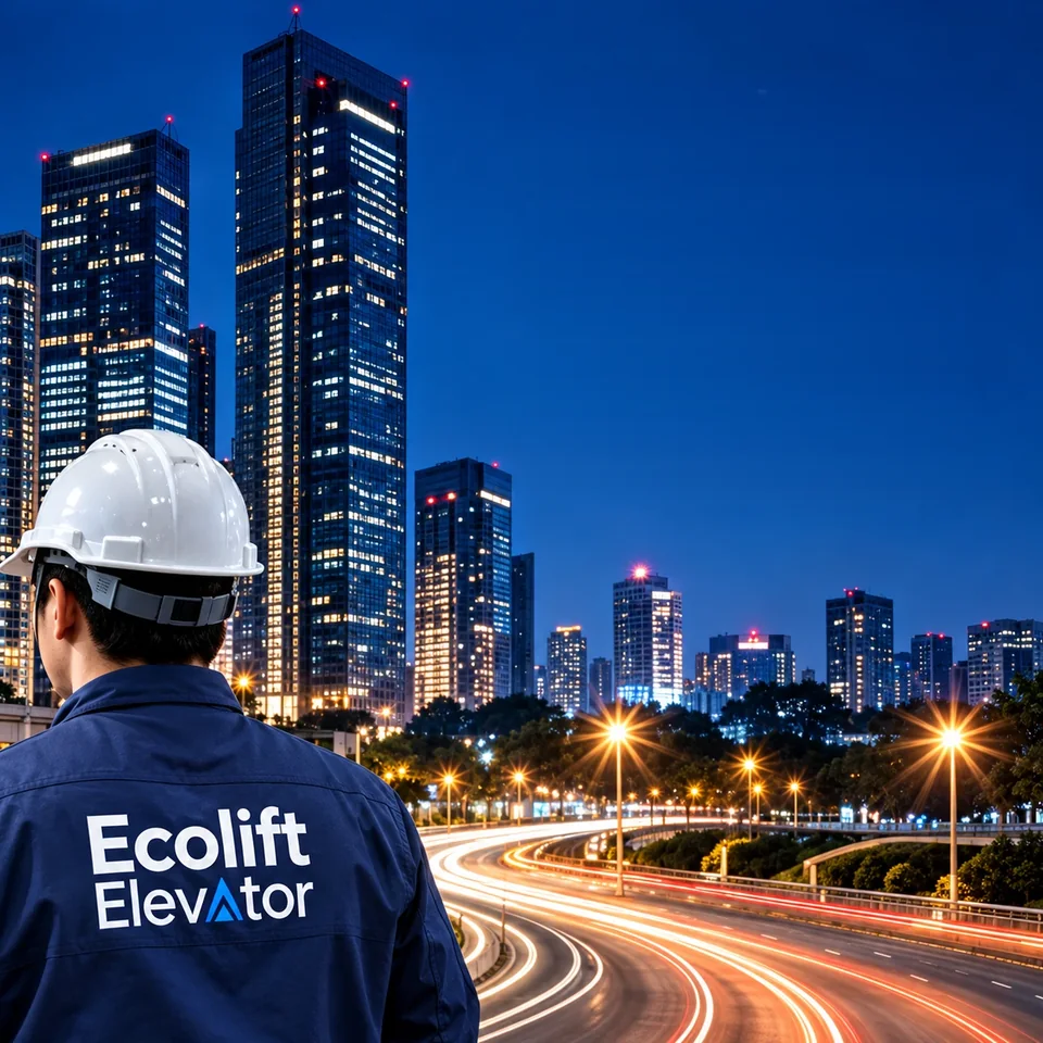 Ecolift support technician on call overlooking the city at night